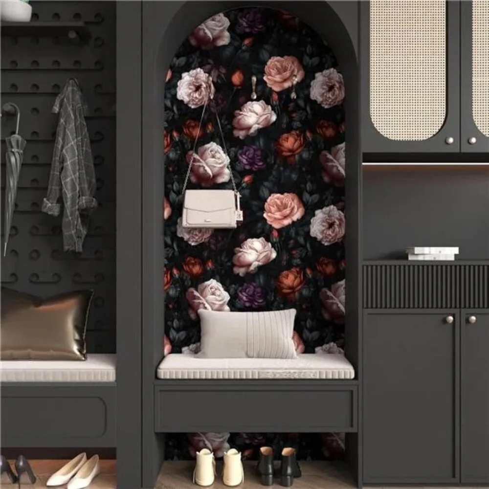 Dark Black Big Peony Floral Contact Paper Retro Wallpaper Peel